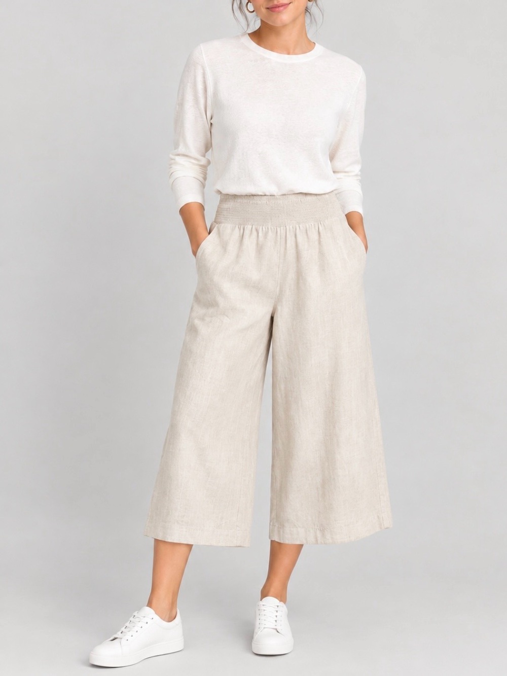 Reitmans NWT Cropped Wide-Leg Linen-Blend Pant Sand M Cruise Lagenlook Coastal